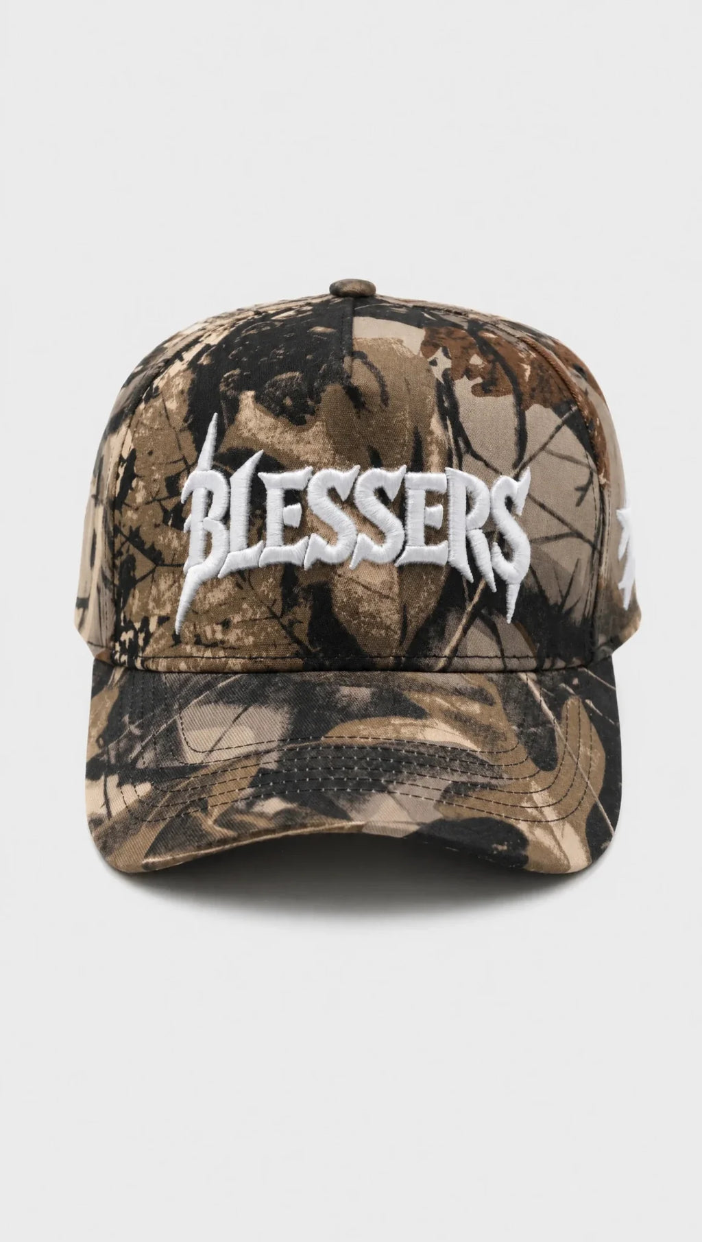 Front view of the Blessers Camo Cap with raised white embroidery
